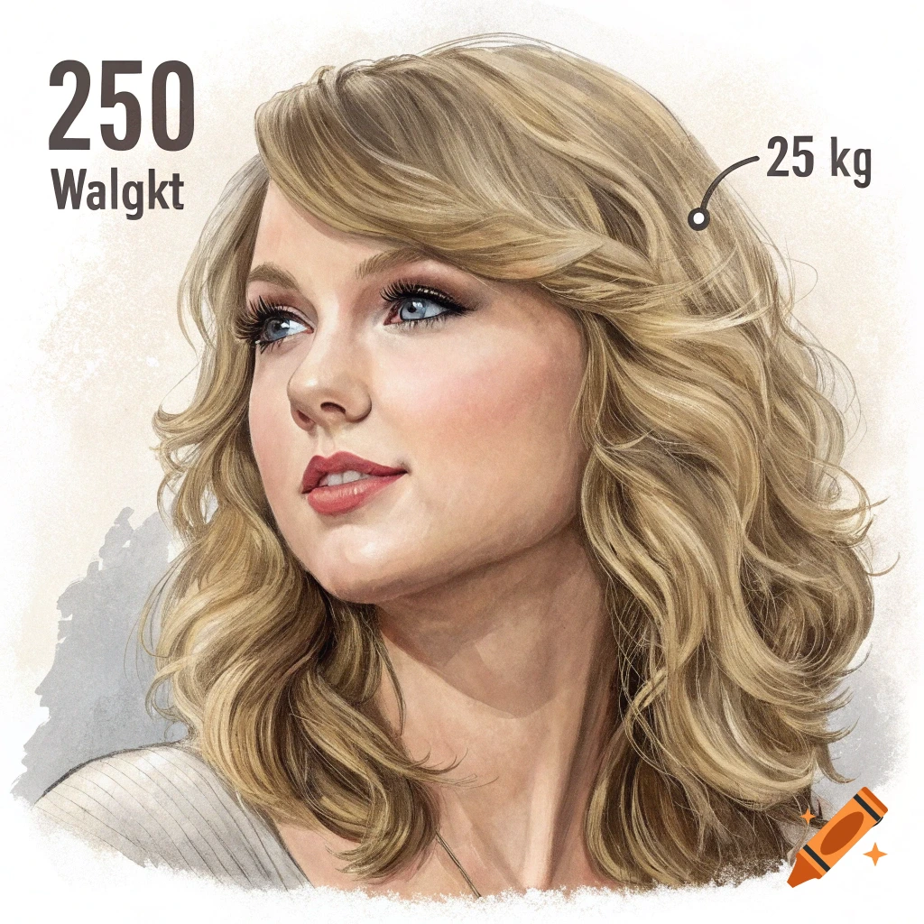Illustration portrait of Taylor Swift with text annotations.