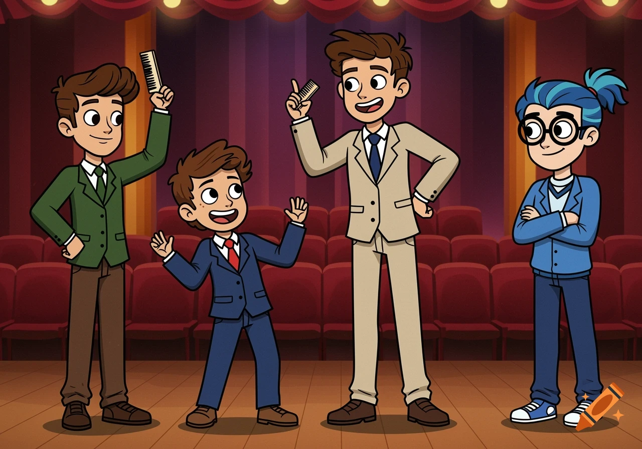 Cartoon image of four boys in suits on a theater stage.