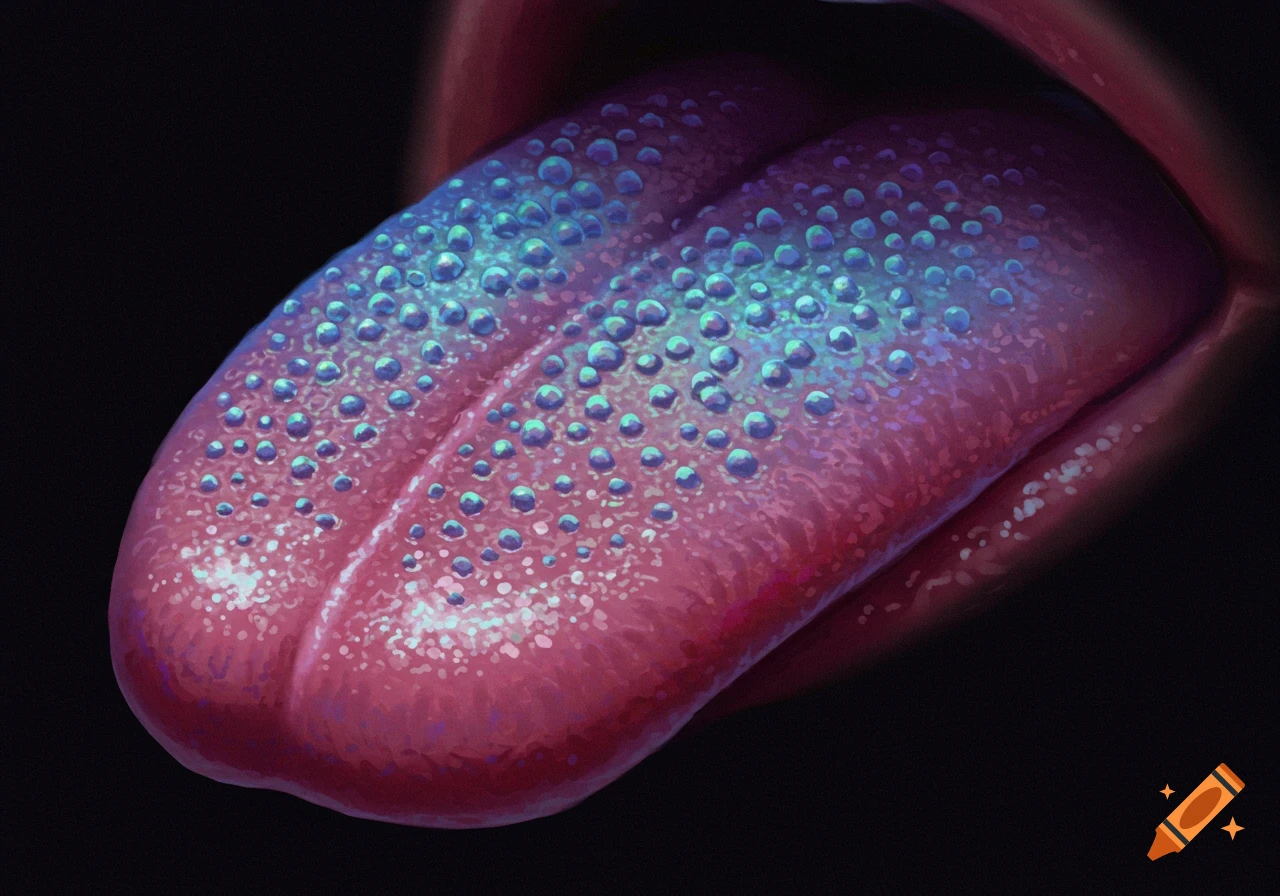 Close-up of a stylized tongue covered in blue and green bubbles against a dark background.