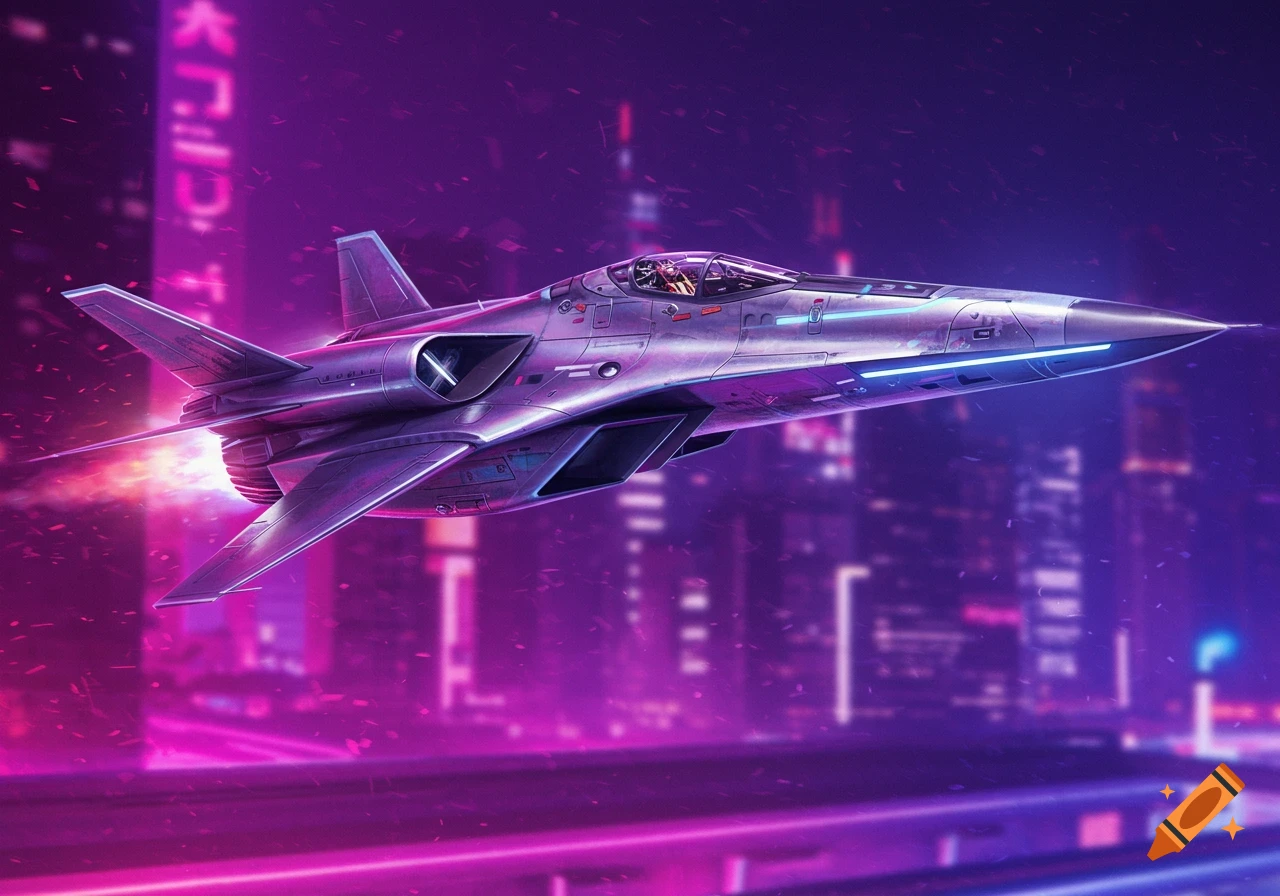 Futuristic jet flying over a neon-lit cyberpunk city skyline at night.