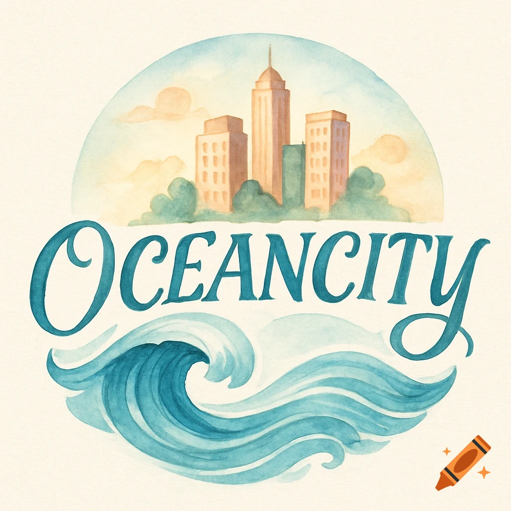 Watercolor logo with city skyline over text "OceanCity" and blue waves.