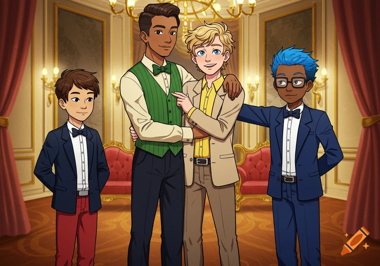 Anime illustration of four teenage boys in formal wear in a ballroom.
