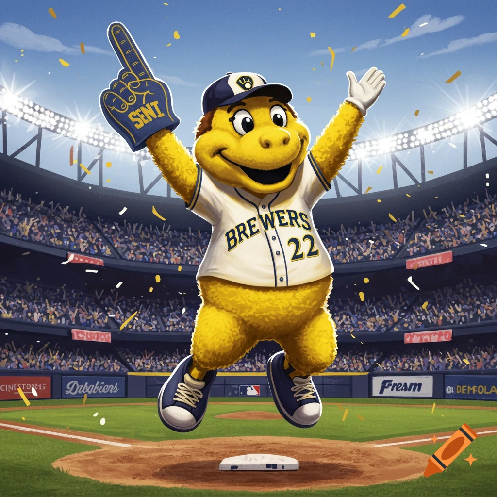 Cartoon mascot jumps on home plate in a baseball stadium, wearing a Brewers jersey and foam finger.