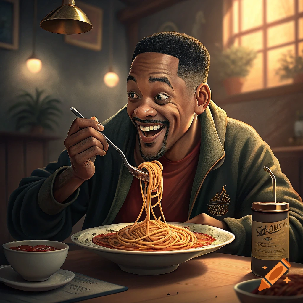 Will Smith joyfully eats a plate of spaghetti with a fork.