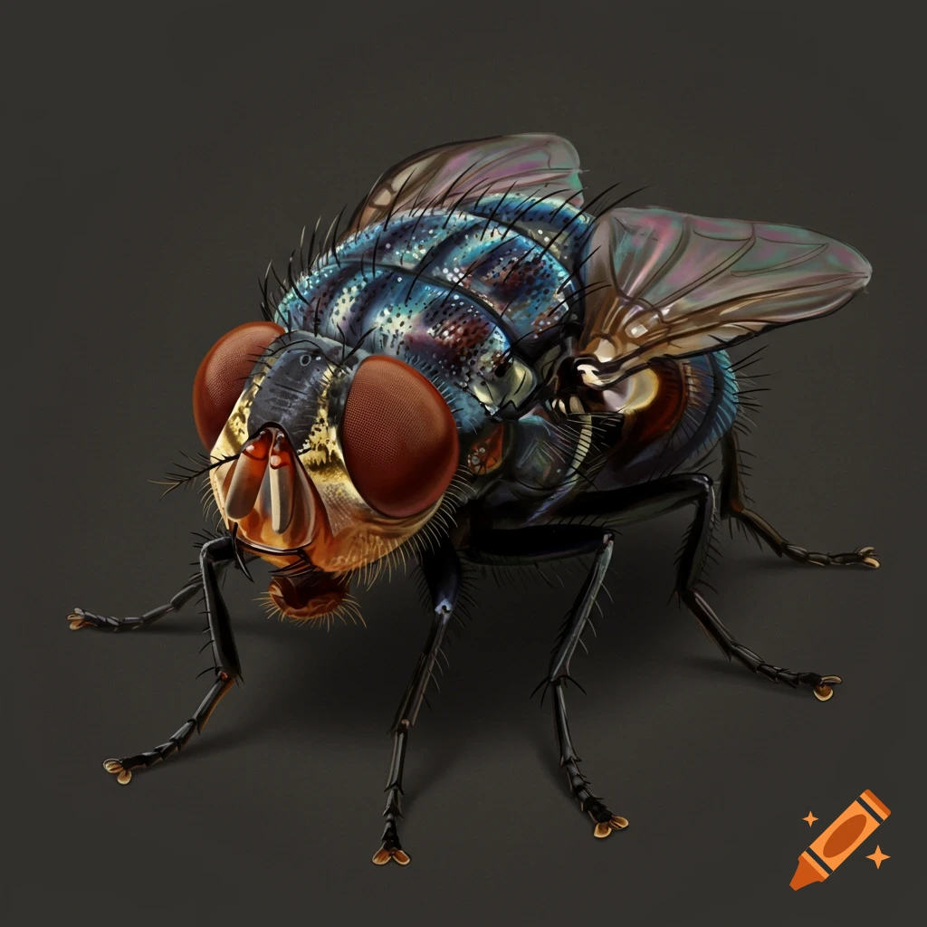 A detailed, close-up illustration of a housefly against a dark background.
