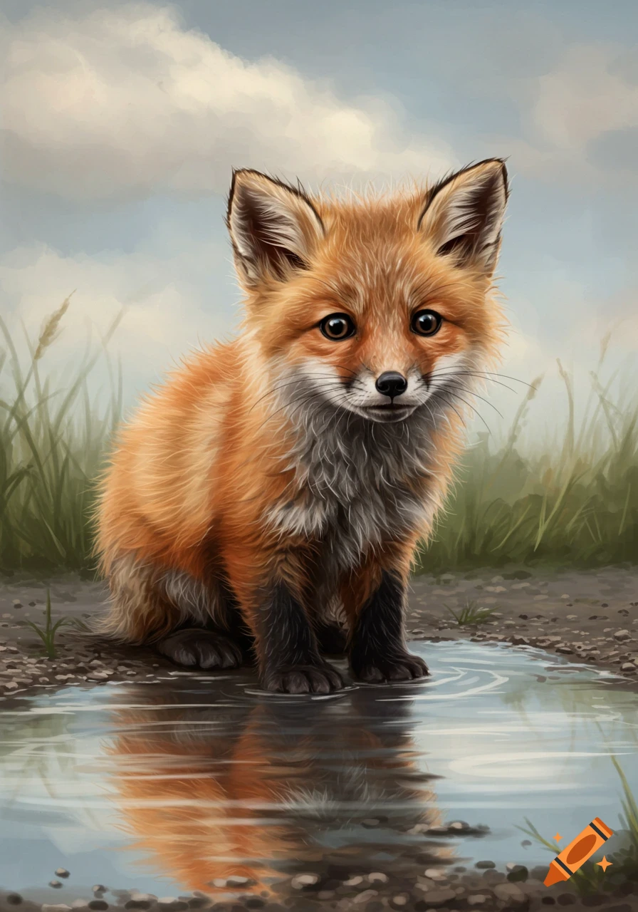 Cute wet baby fox sitting by a puddle in a field, painterly style. on ...