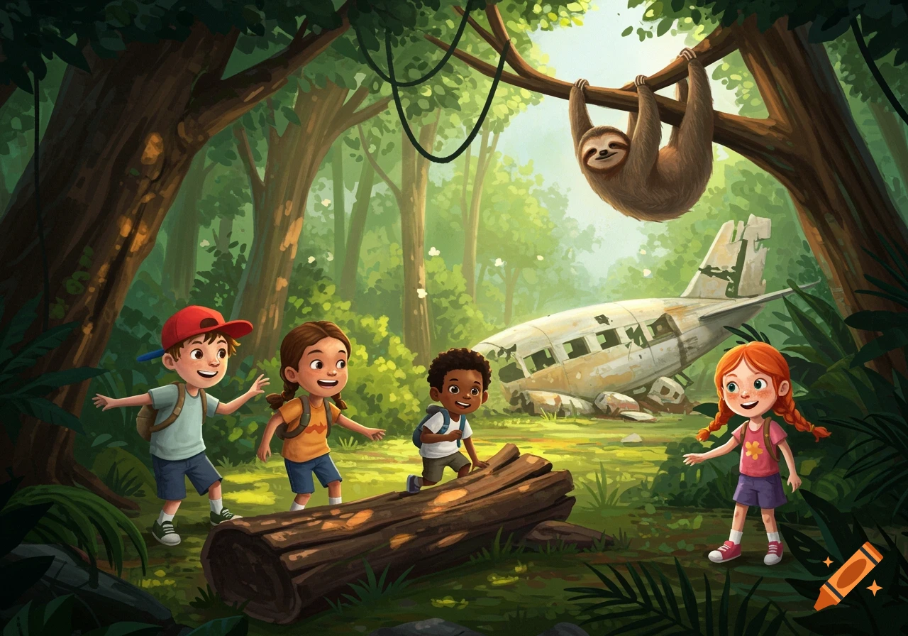 Four children explore a jungle with a crashed airplane and a sloth hanging from a tree.