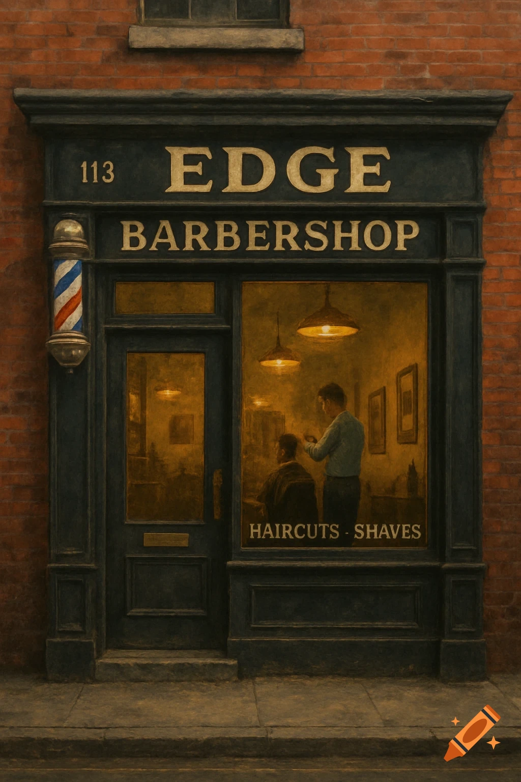Painting of a barbershop storefront with 'Edge Barbershop' sign and view of a barber cutting hair inside.