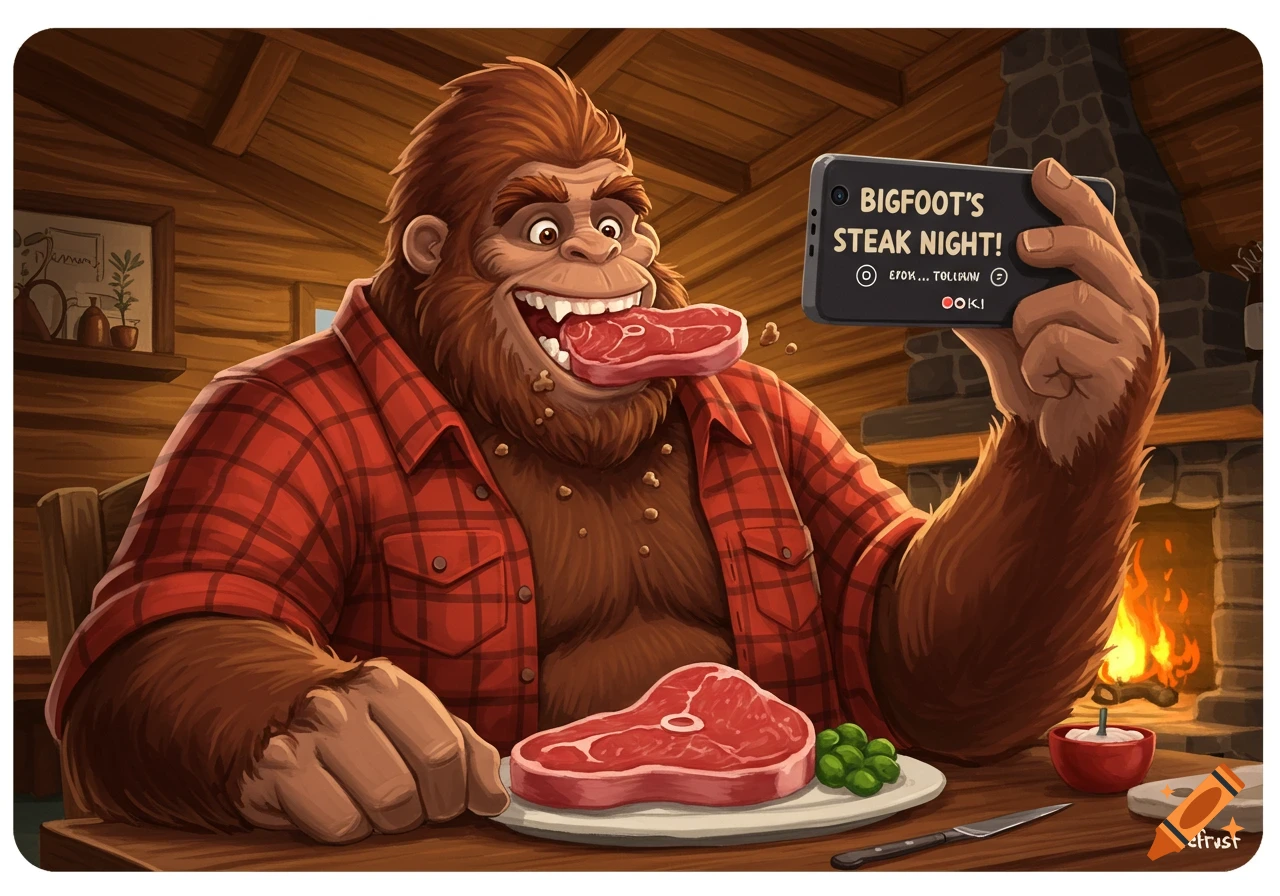 A cartoon Bigfoot in a log cabin takes a selfie with his phone while holding a piece of steak on his tongue.