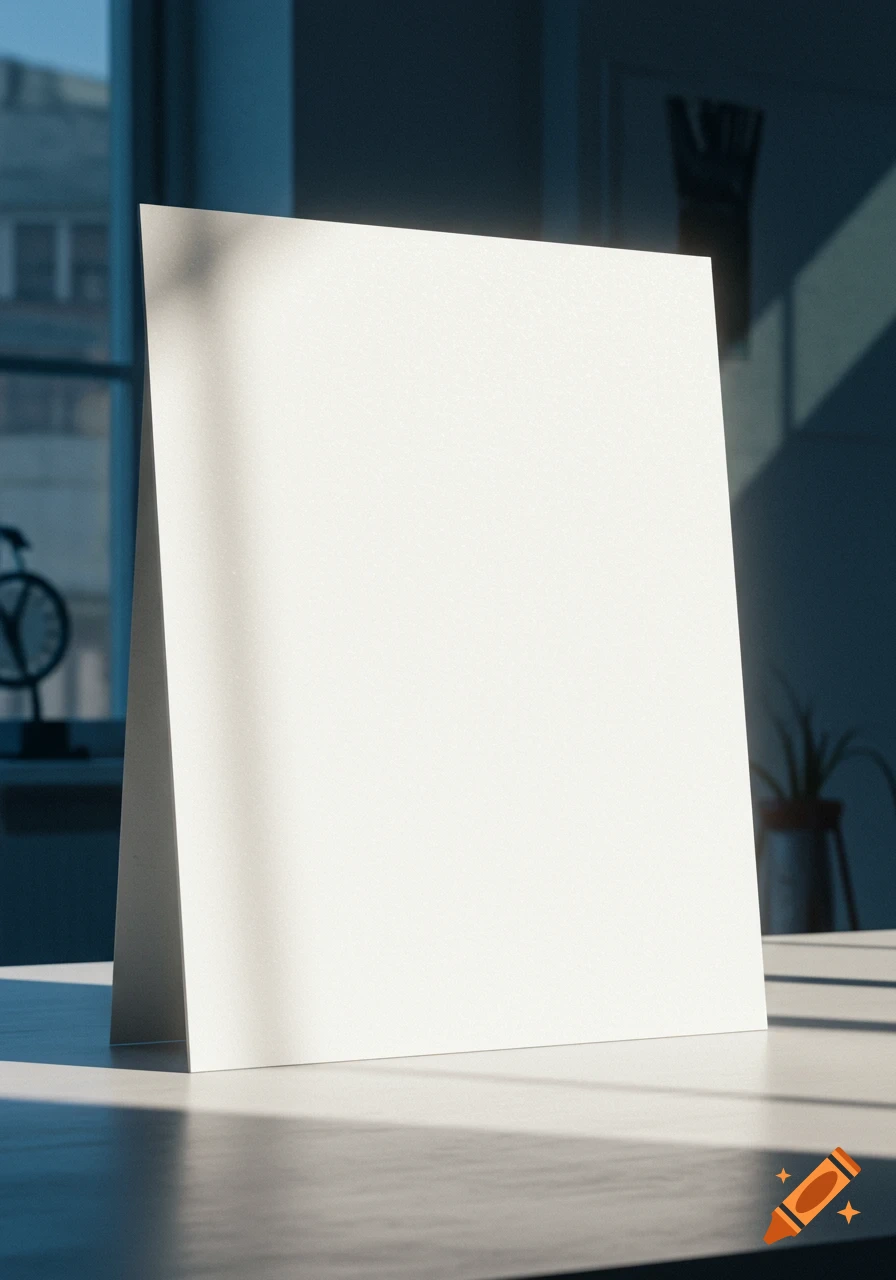 A blank white standing card or sign is placed on a table, illuminated by sunlight.
