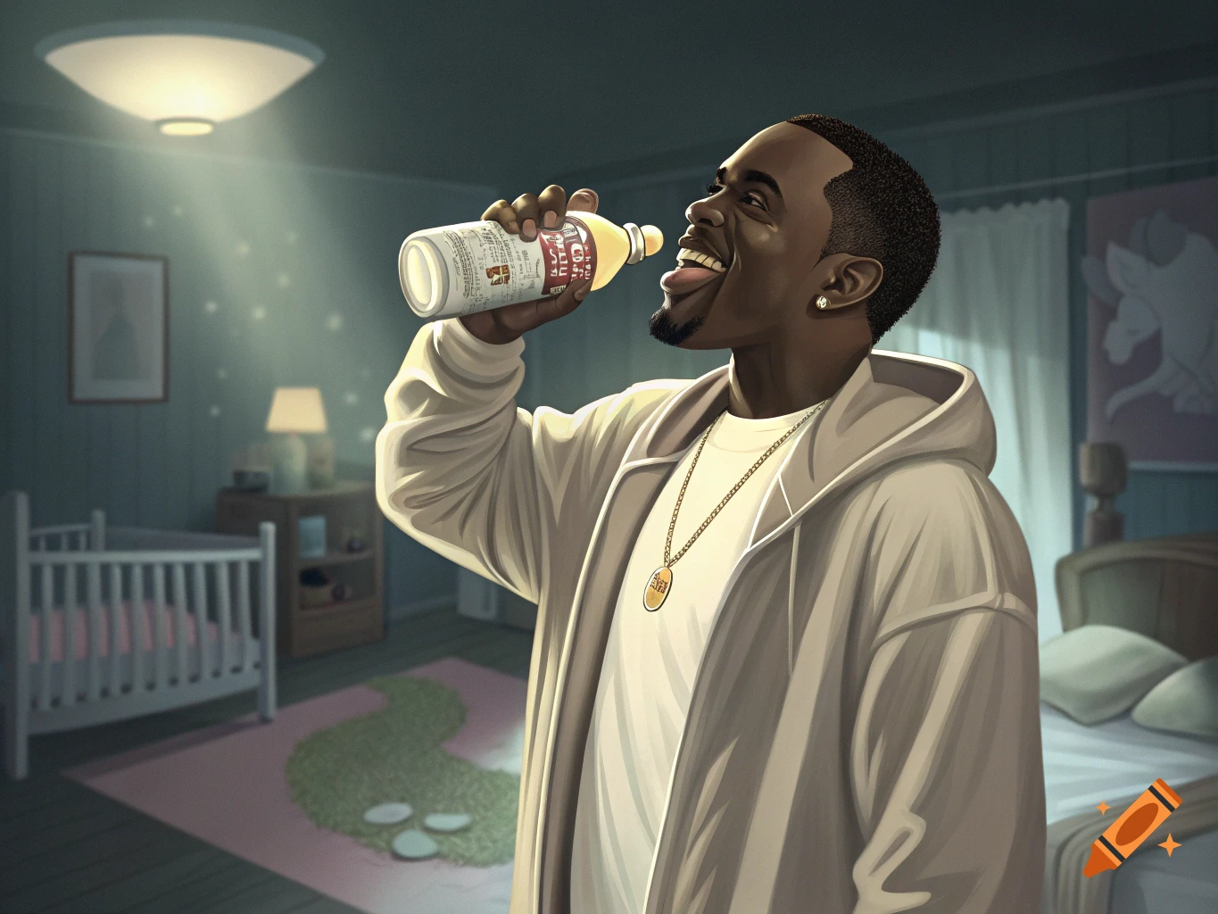 Man smiling and drinking from a bottle in a bedroom.