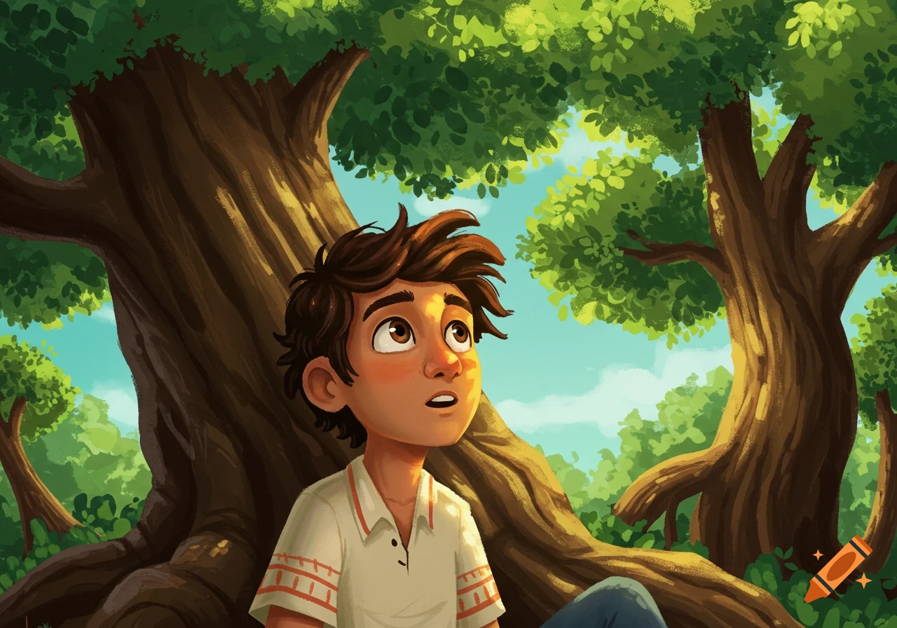 Illustration of a young boy looking up at tall trees in a forest.