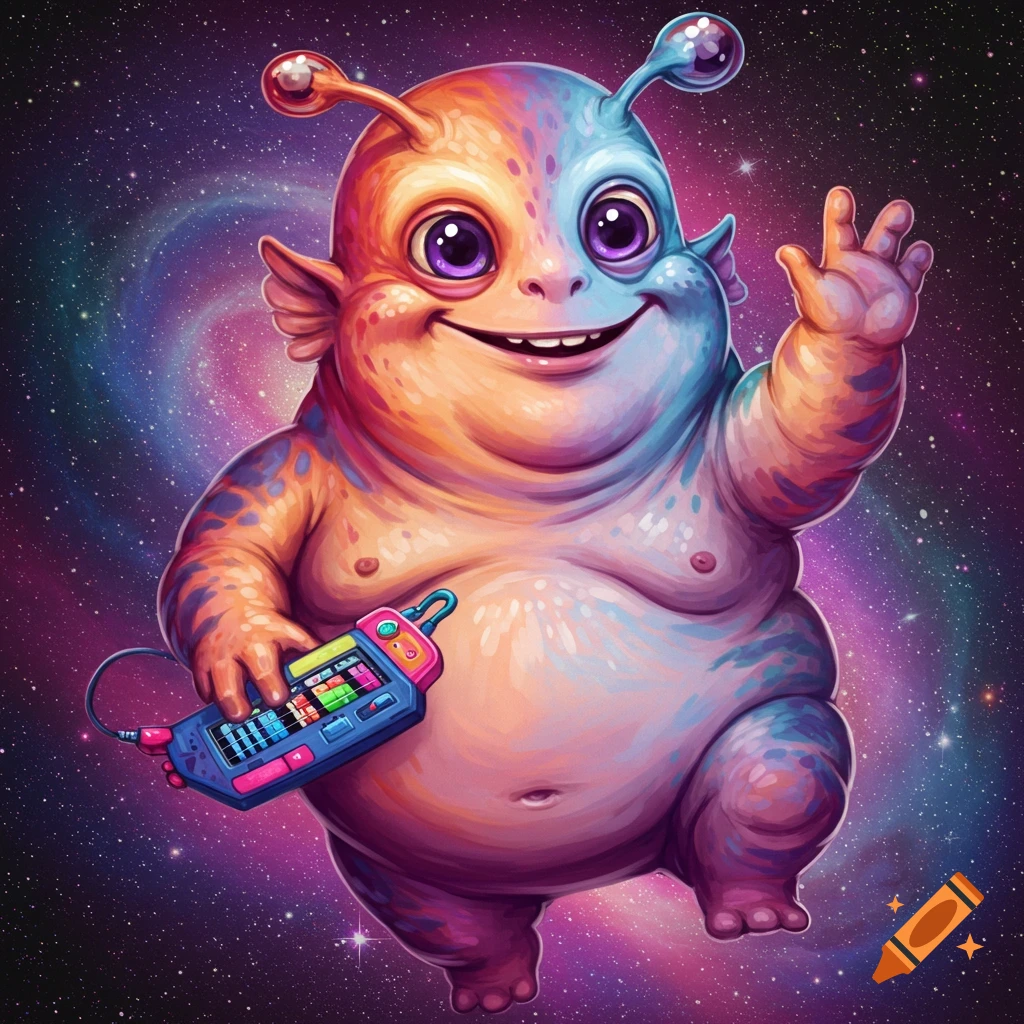 A fat, colorful alien waves and holds a gadget in space.