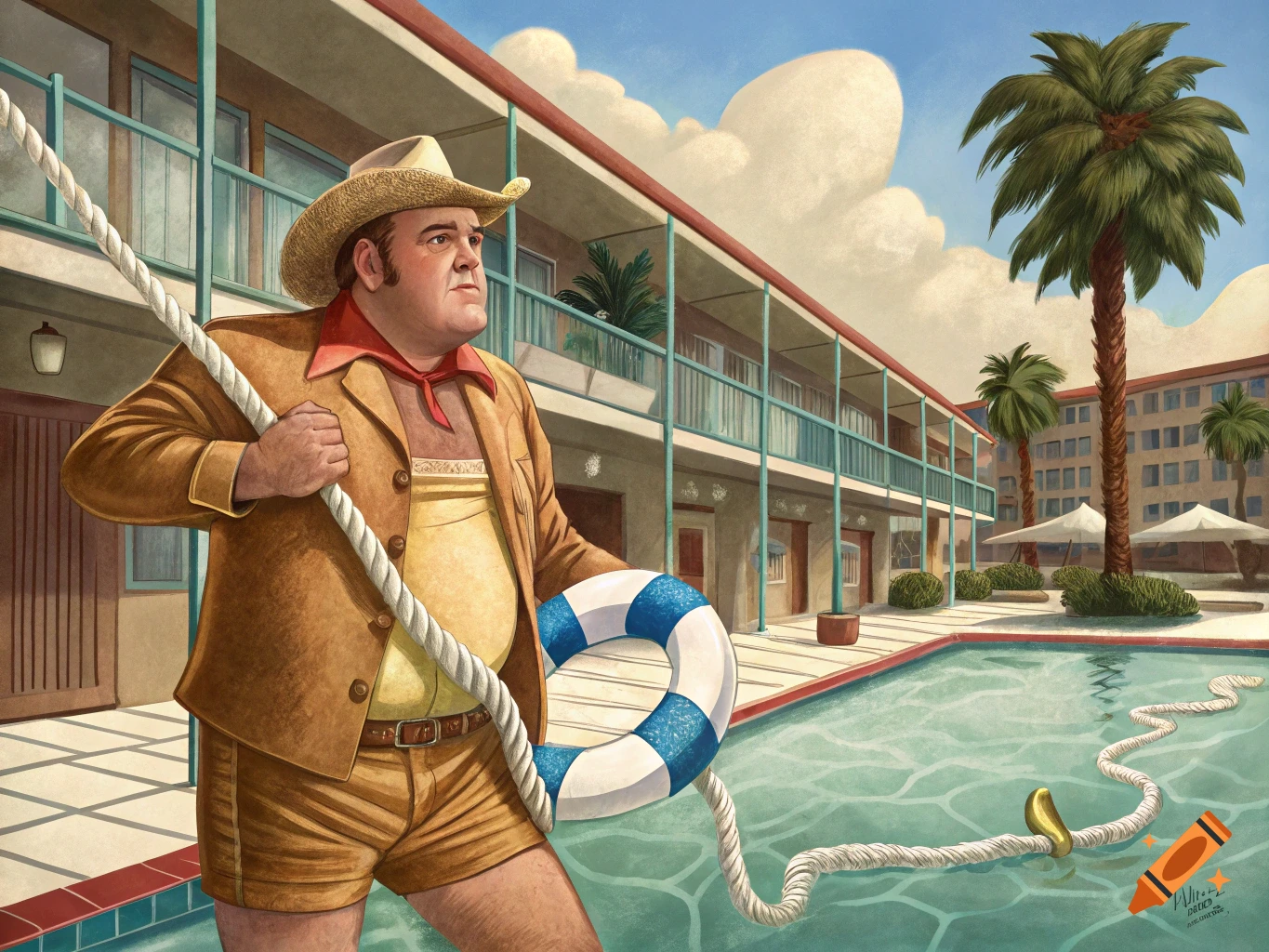 Illustration of a man in a cowboy hat and swimsuit holding a life preserver by a pool.