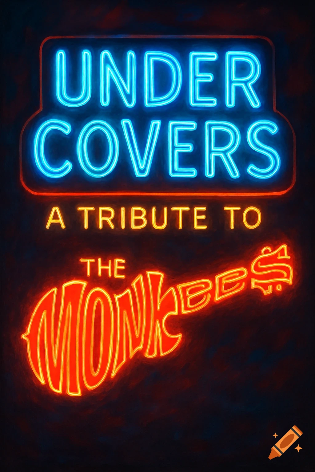 Neon sign saying "Under Covers - A Tribute to The Monkees". The word "Monkees" is shaped like a guitar.