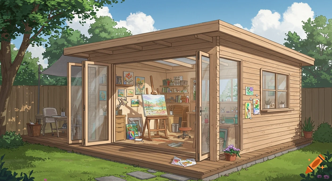 Illustrative view of a garden shed art studio with glass doors open to a deck, showing an easel, paintings, and art supplies inside.