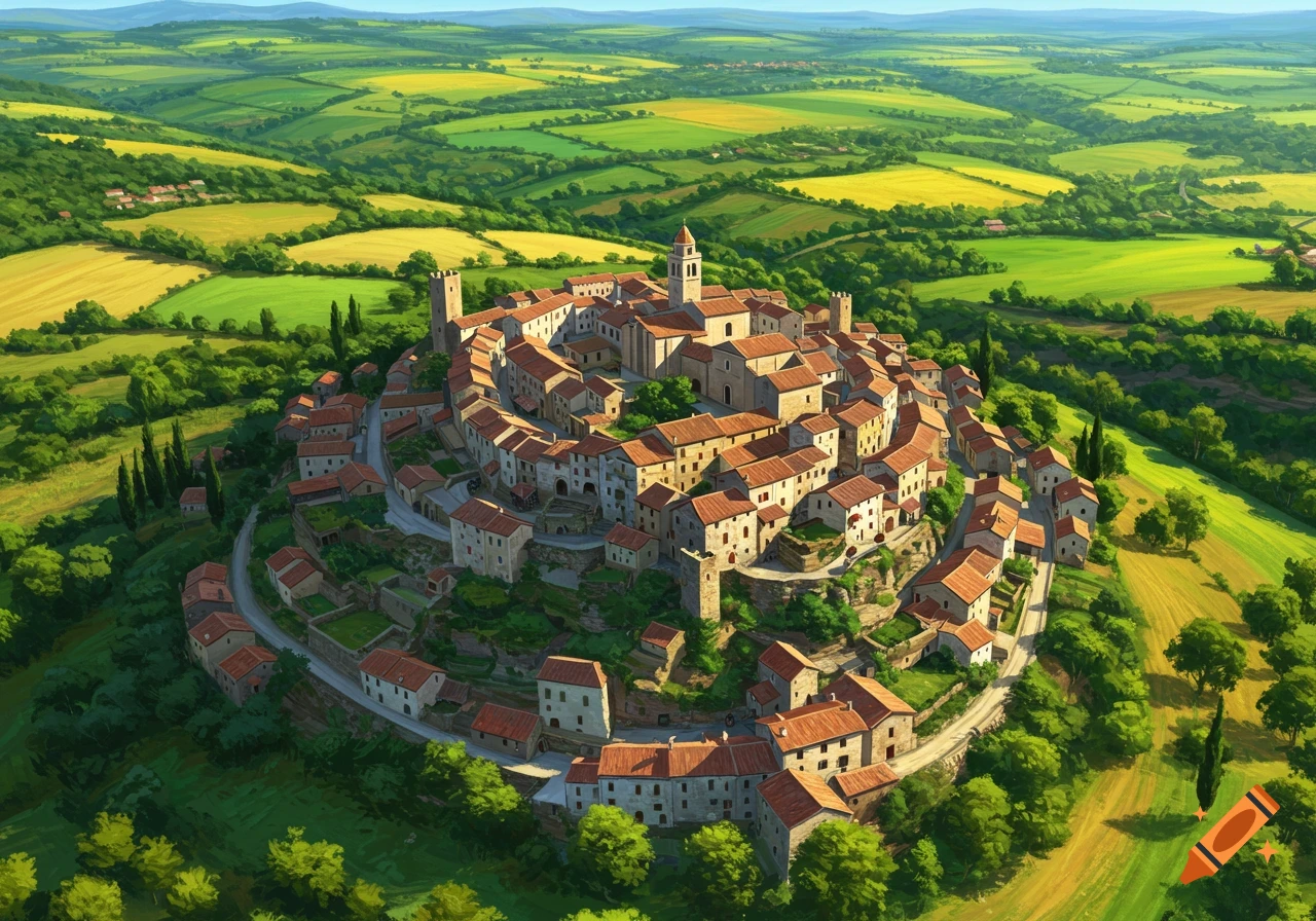 Aerial view of an ancient circular village among green and yellow rolling hills.