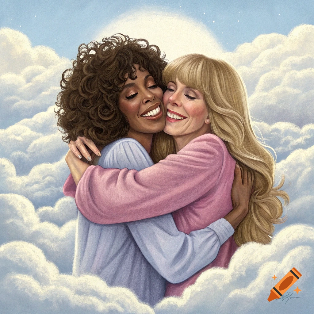 Illustration of two women hugging in clouds.