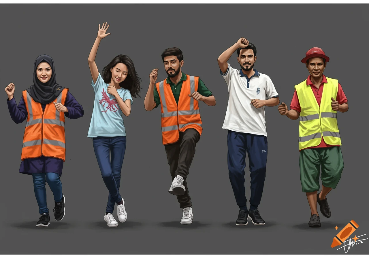 Illustration of diverse people in safety vests dancing.