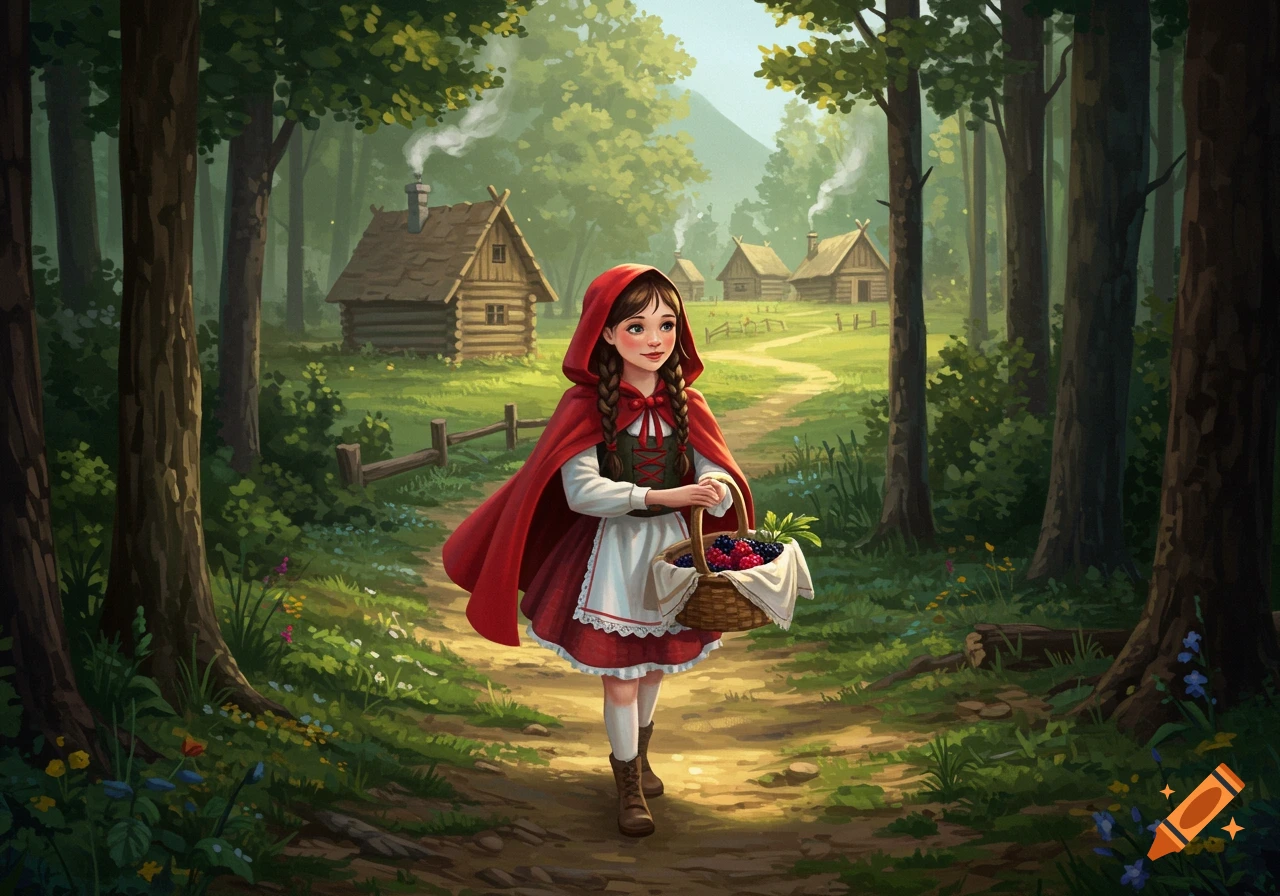 A young girl in a red hooded cape walks through a forest toward cabins, carrying a basket.