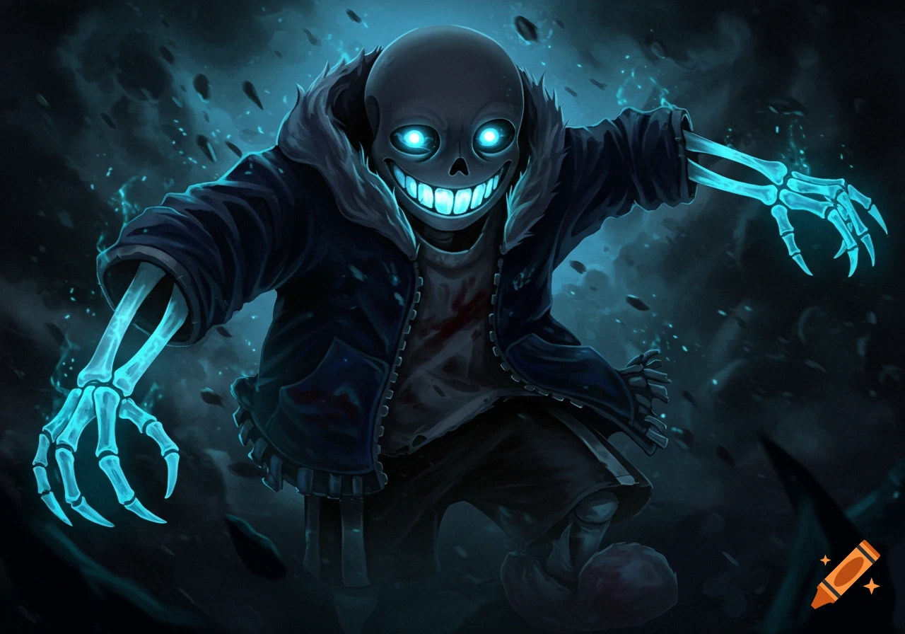 Stylized skeletal figure with glowing blue eyes and hands in a dark, dramatic setting