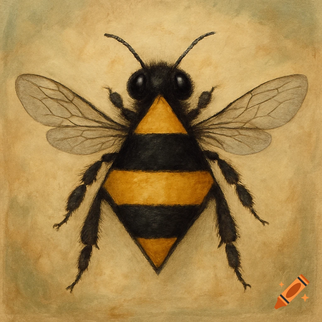 A stylized illustration of a bee with a triangular body.