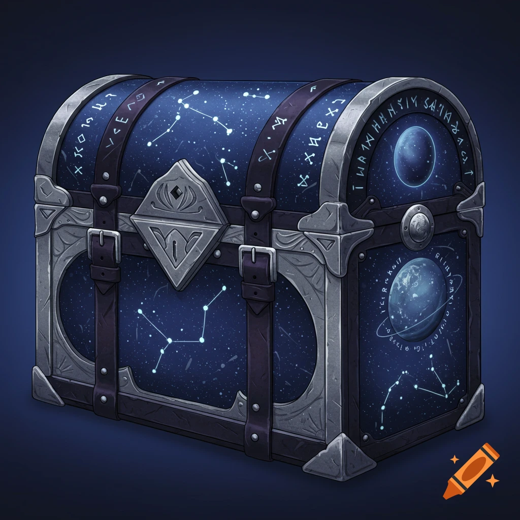 Fantasy chest decorated with stars, constellations, planets, and runes