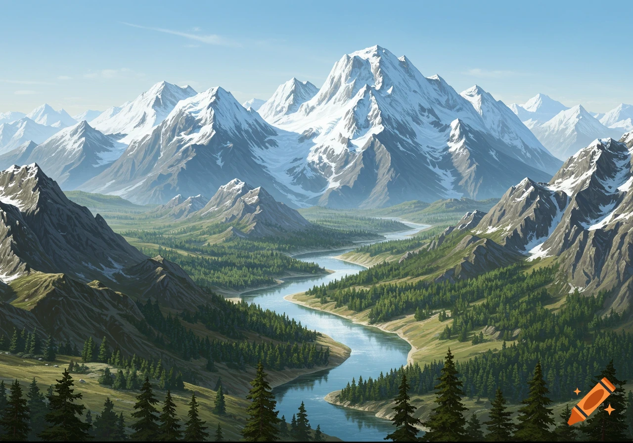 A panoramic view of snow-capped mountains, a winding river, and green forests in a valley.