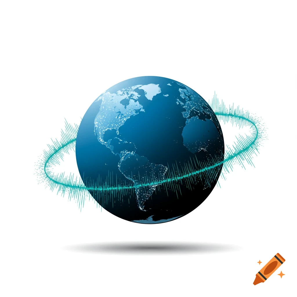 A stylized blue globe surrounded by a teal sound wave ring.