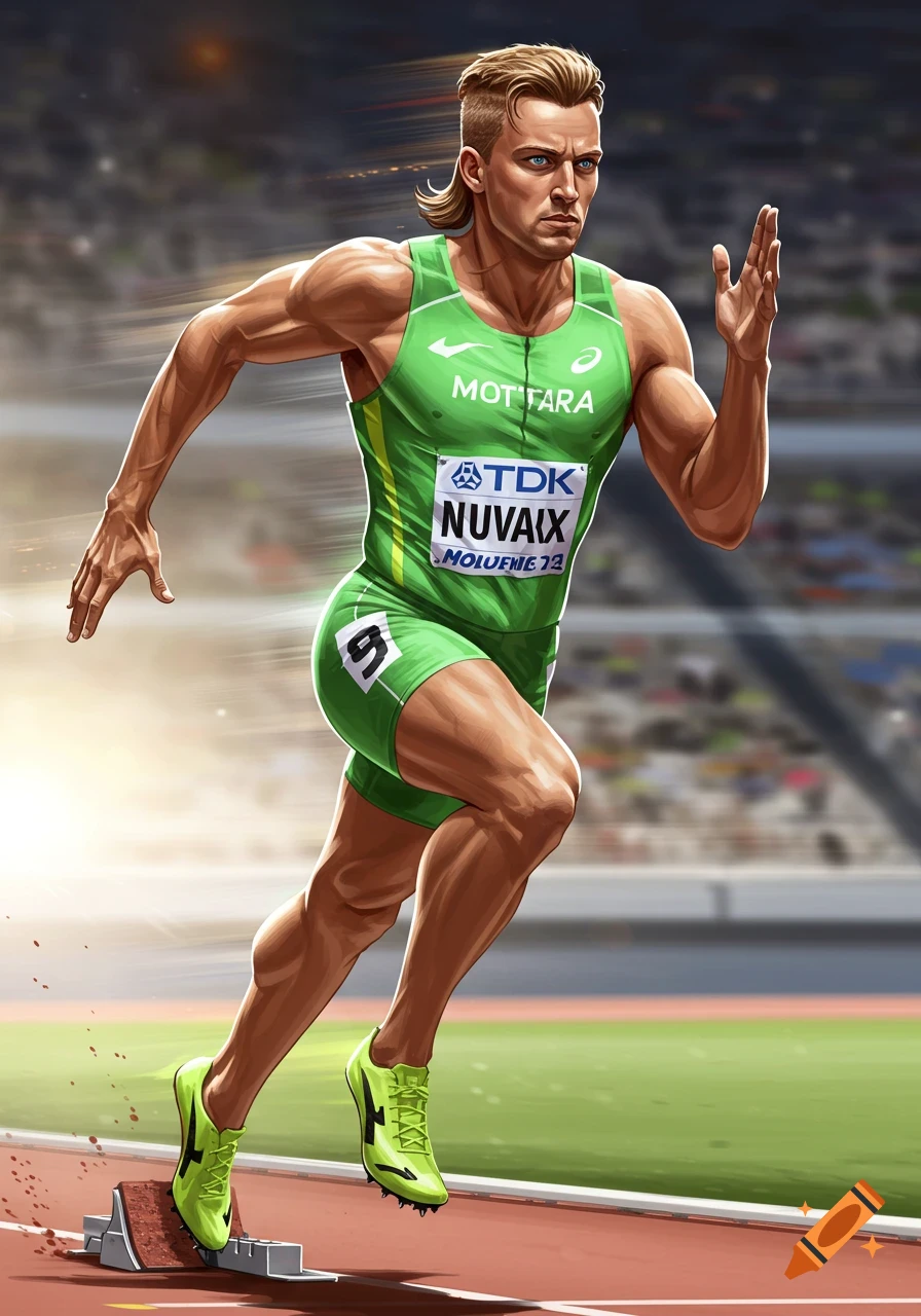 A stylized illustration of a male track and field athlete with a mullet running on a track.