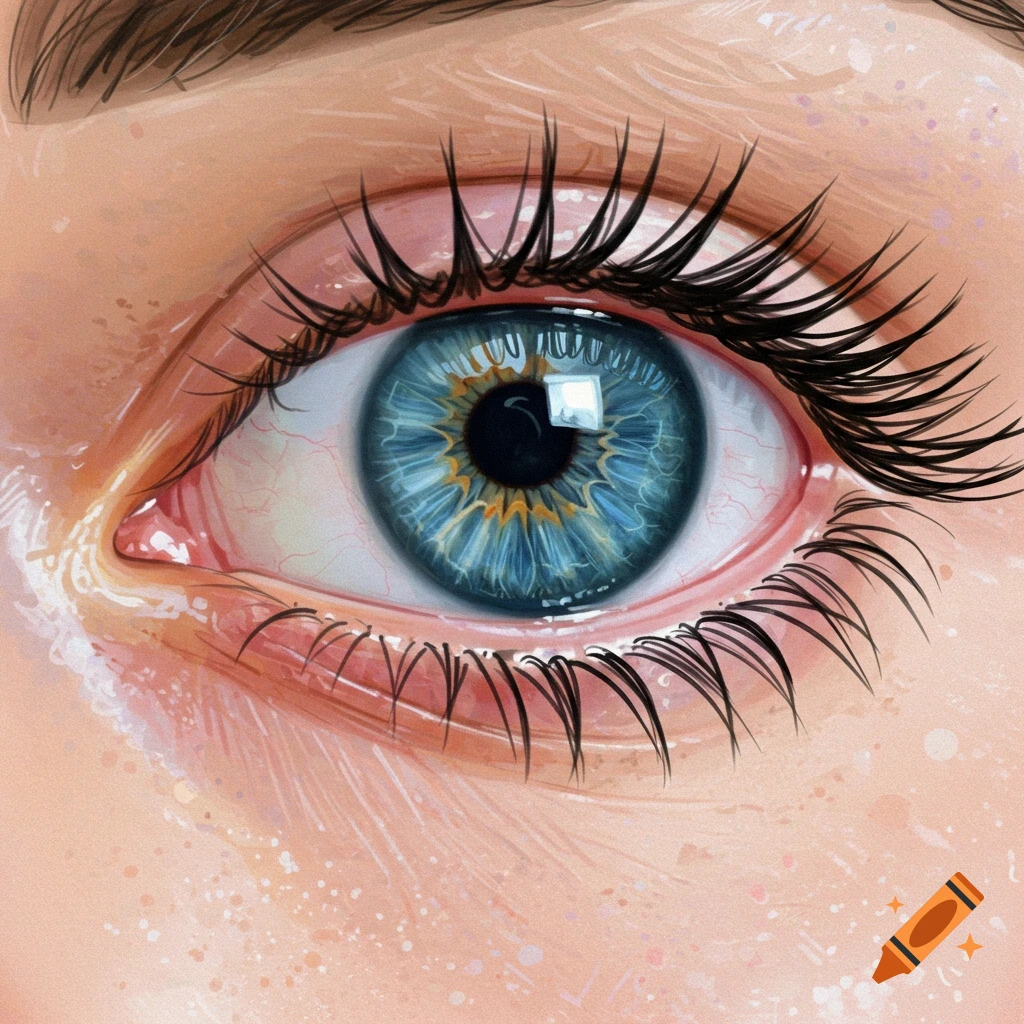 A close-up digital painting of a blue human eye with long eyelashes.