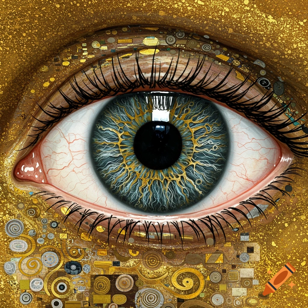 Close-up of an eye in Gustav Klimt style with gold and intricate patterns.