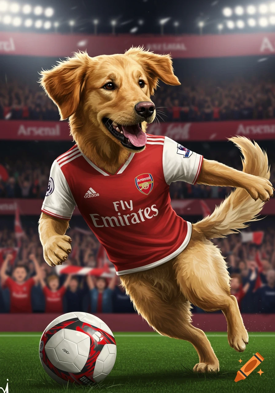 A Golden Retriever dog wearing an Arsenal football jersey plays with a ...