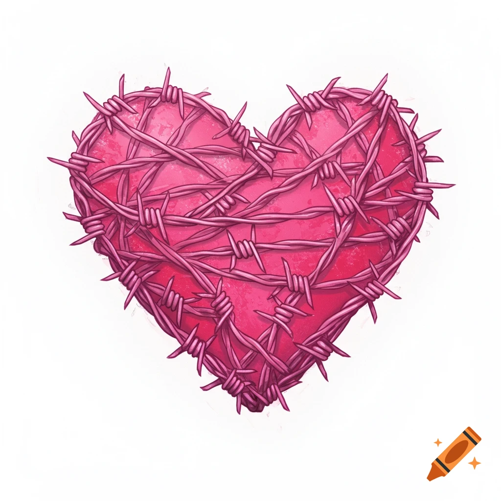 An illustration of a pink heart wrapped in barbed wire.