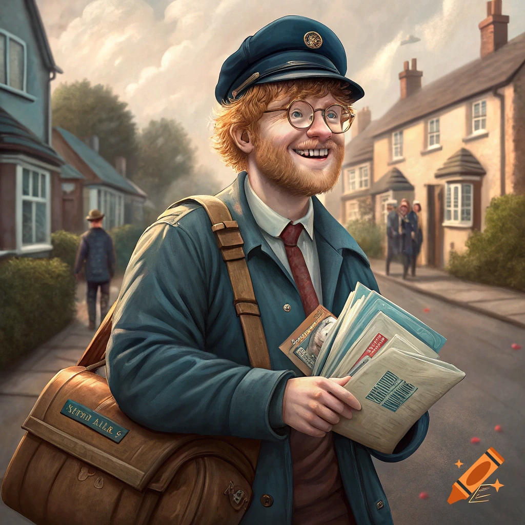 A man with red hair and a beard, resembling Ed Sheeran, smiles while holding letters and a mailbag on a village street.