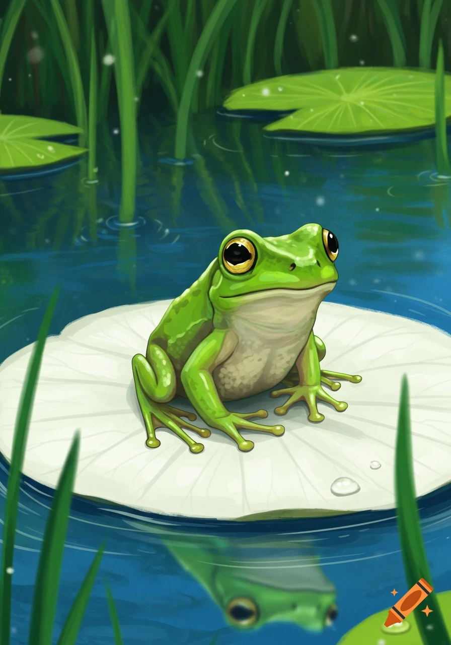 Bright green frog sitting on a lily pad in water with reeds, illustration style.