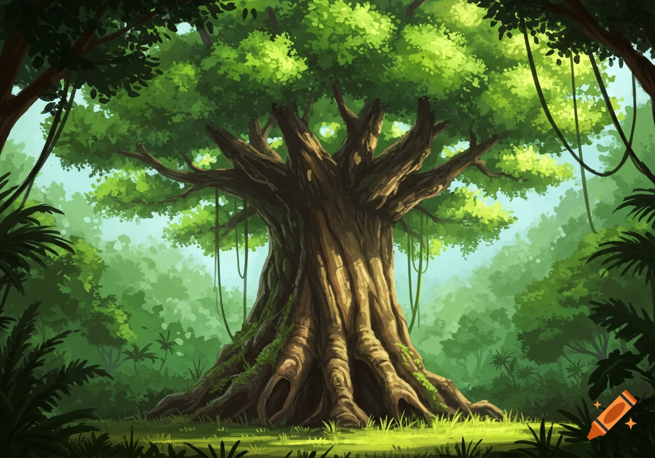 Stylized illustration of a large tree in a lush jungle.