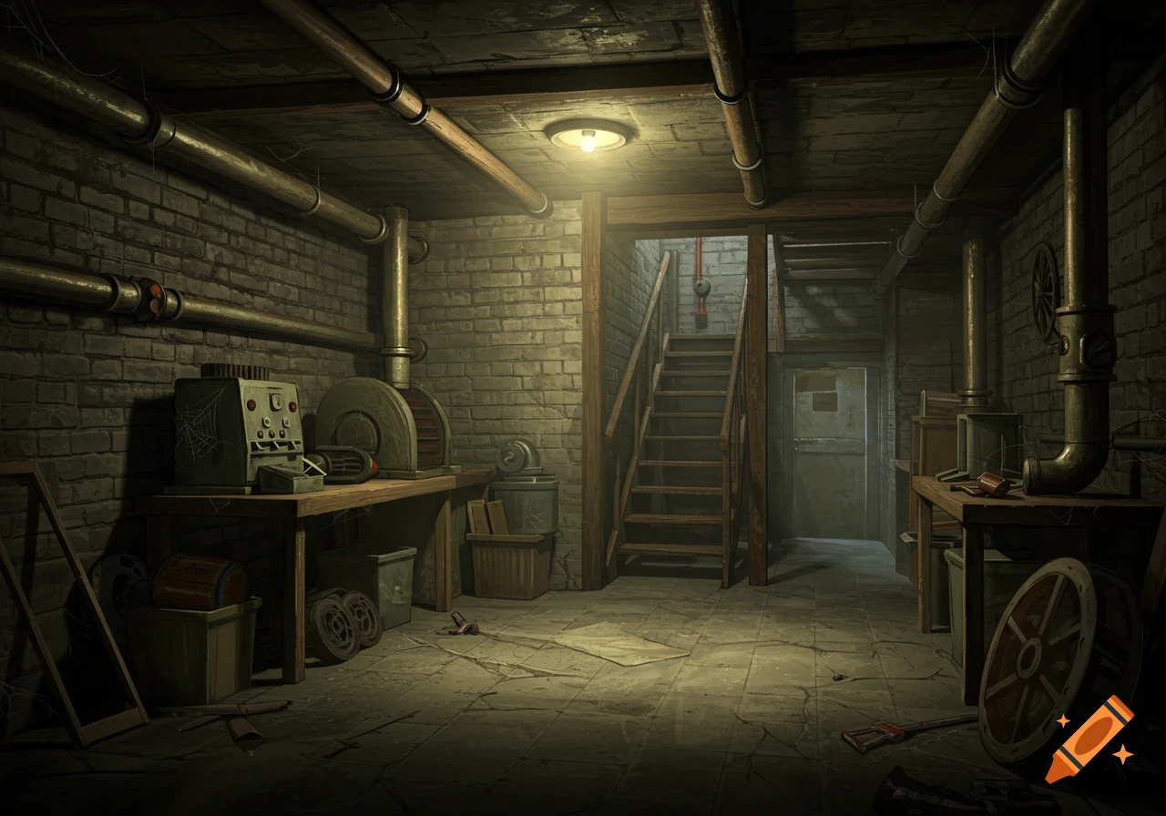 A dimly lit basement with brick walls, exposed pipes, a staircase, and various cluttered objects.