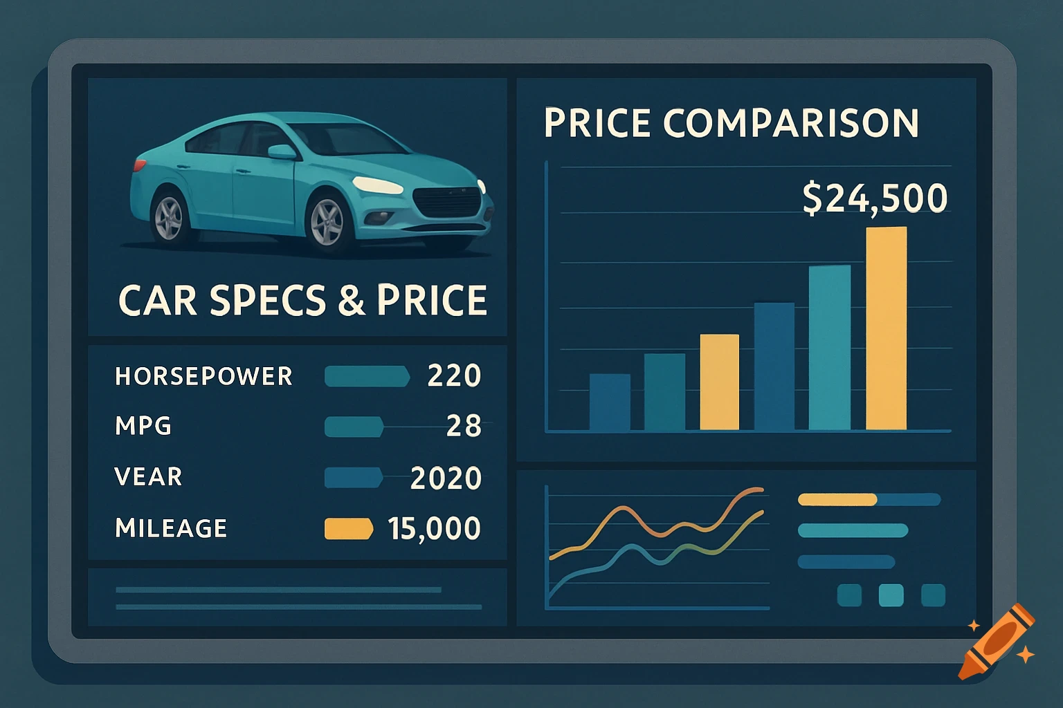 Digital dashboard displaying car specs, price comparison bar chart, and data trend line graph.