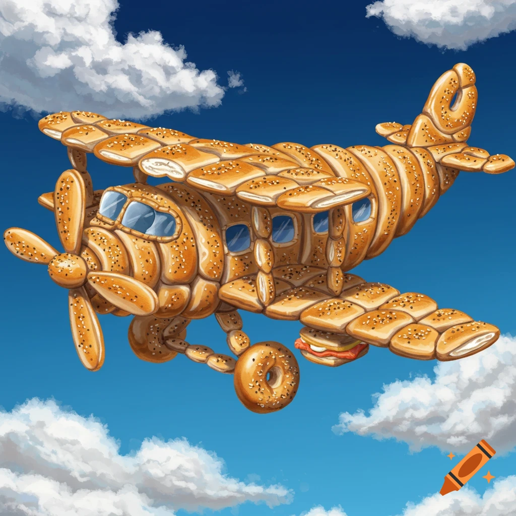 An illustration of an airplane made entirely out of bagels flying in a blue sky with clouds.