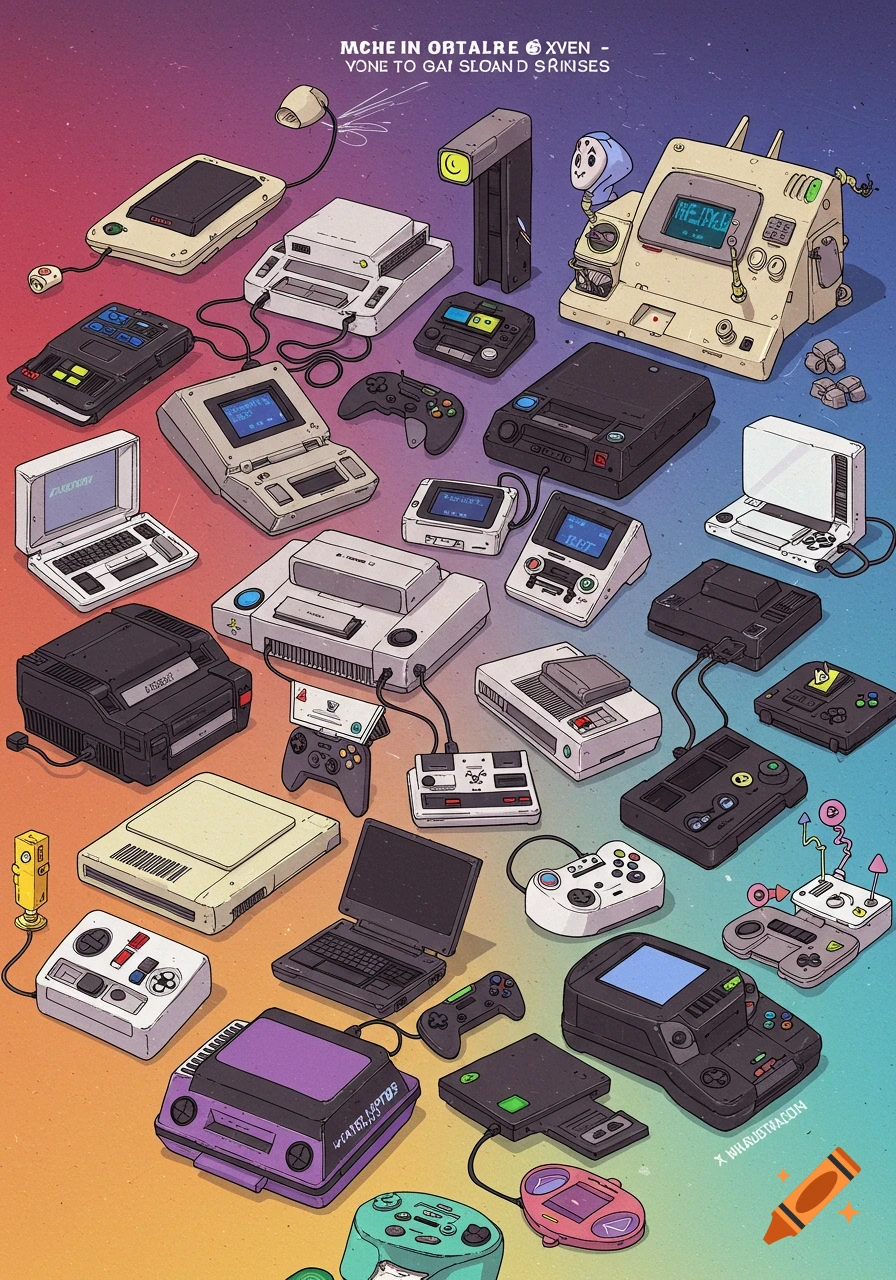 A top-down view of numerous retro video game consoles, handhelds, and controllers in a vibrant illustrated style.