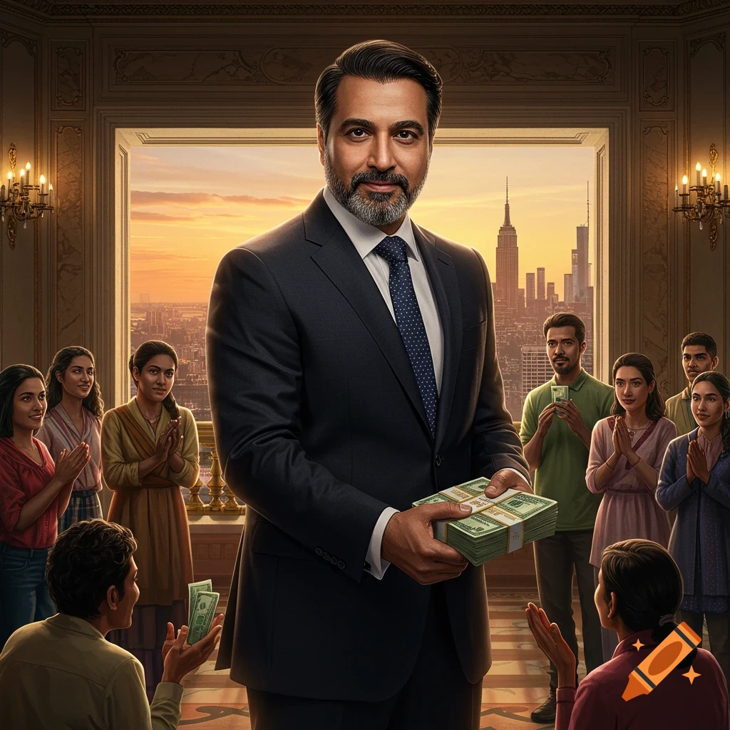 A man in a suit gives stacks of money to people in a room overlooking a city skyline, photorealistic style.