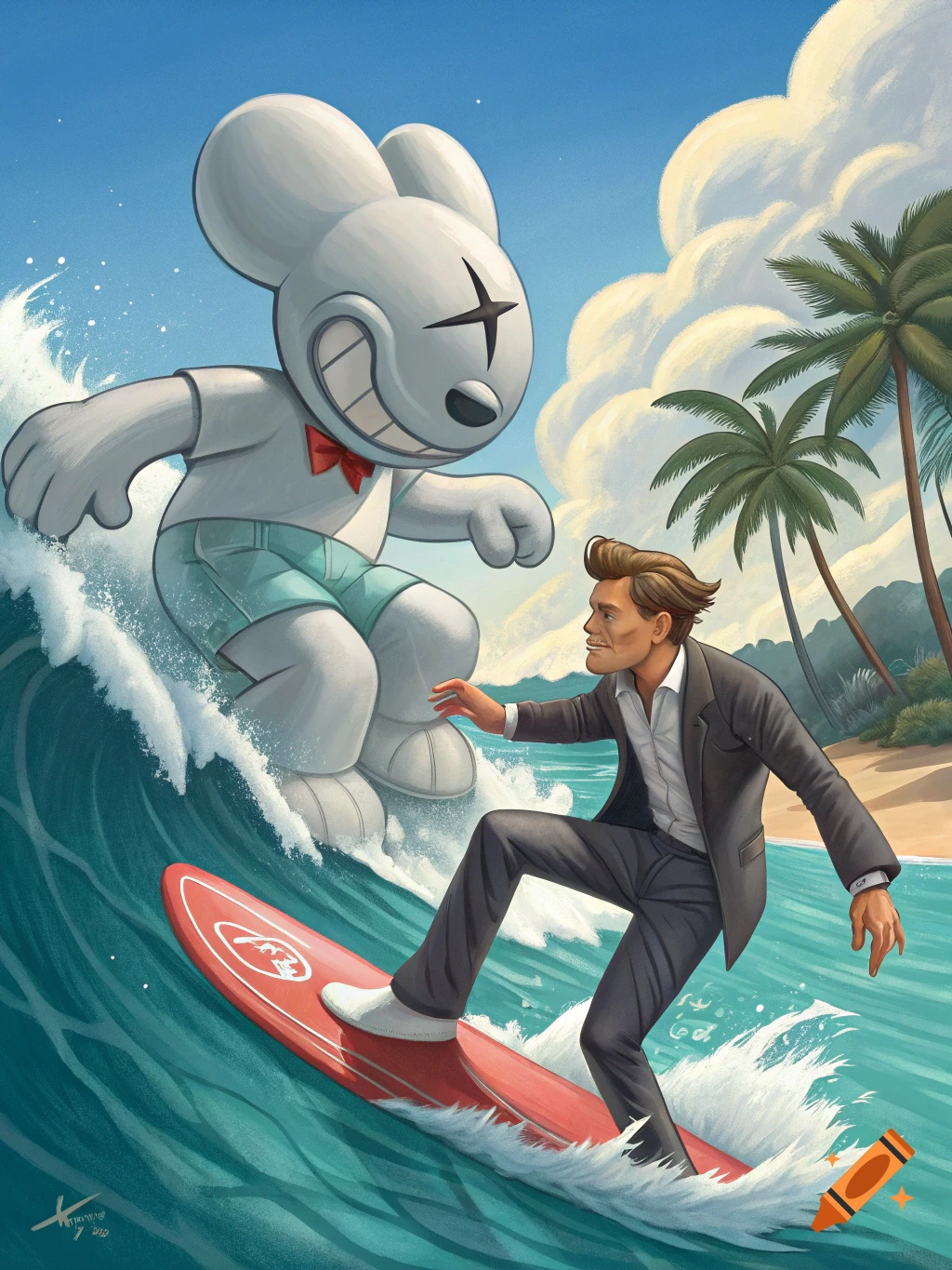Large cartoon character and a man surf a wave near a tropical beach.