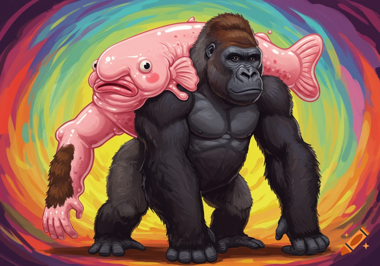 An illustration of a gorilla carrying a pink blobfish on its shoulders, against a colorful swirling background.