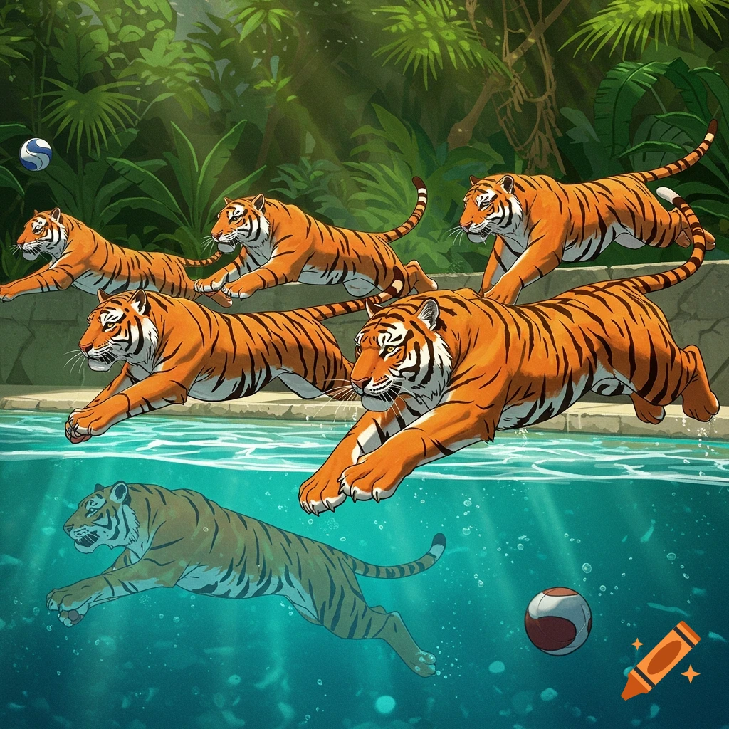 Several tigers jump into a swimming pool, while one swims underwater.