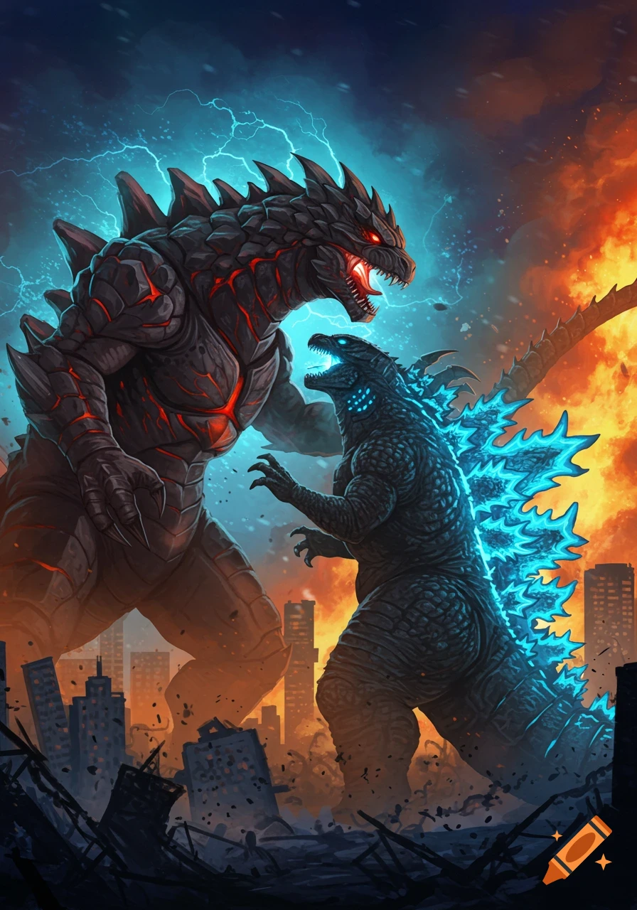 Two giant monsters battle in a ruined city under a stormy sky, one blue and glowing, the other black with red markings.