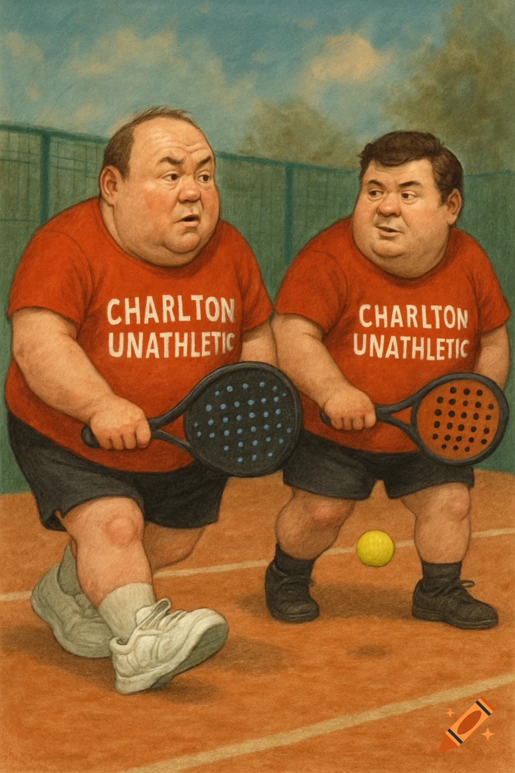 Illustration of two overweight men in red shirts playing padel.