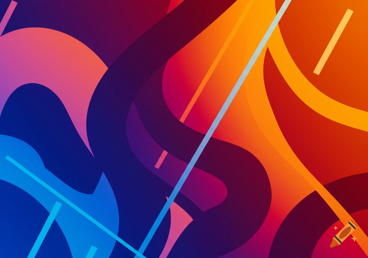 Abstract graphic background with curved and straight shapes and a gradient of blue, purple, red, and orange colors.