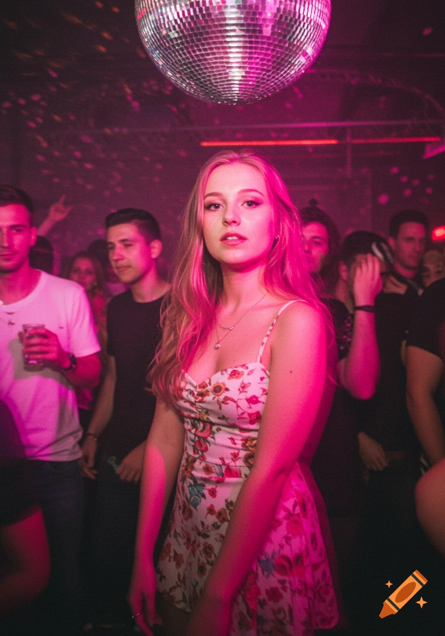 A girl in a floral dress stands in a crowded, pink-lit nightclub under a disco ball.