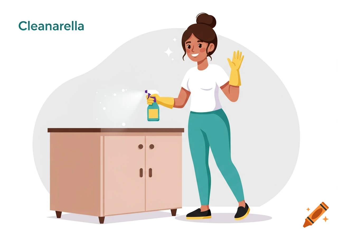 A female cleaner mascot sprays a cabinet and waves in a vector illustration with the text Cleanarella.